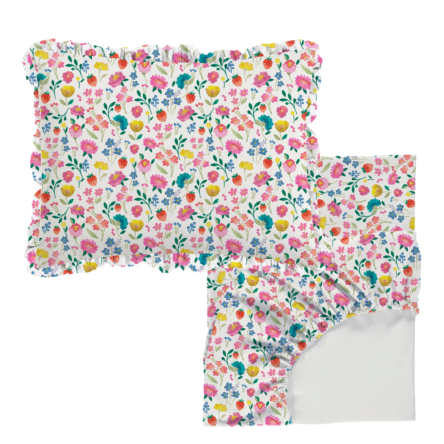 Folk Floral Fitted Sheet and Frilly Pillowcase Single Sample